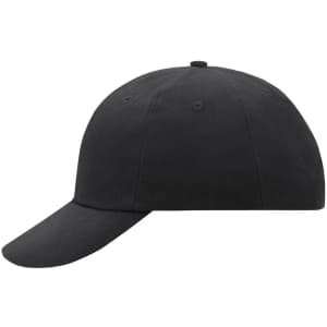 A black 6 Panel Raver Cap with a curved brim, featuring ventilation holes and a logo.