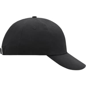A black 6-panel cap with a curved peak and adjustable strap at the back. It features a logo on the side.