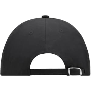 A black 6-panel cap featuring an adjustable strap at the back and ventilation holes. The cap has a logo.
