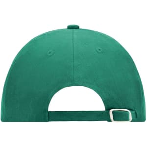 A green 6-panel cap with a rear opening and an adjustable strap, featuring a logo on the side.