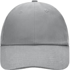 A grey 6 Panel Raver Cap featuring a curved brim and a logo on the front. Perfect for casual headwear.