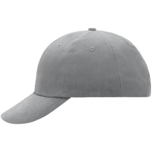 A grey 6 panel cap with a rounded crown and curved brim, featuring a logo.