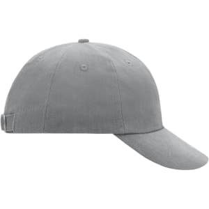 A grey 6 Panel Raver Cap featuring a curved brim and an adjustable strap at the back. It has a logo on the side.
