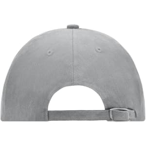 A grey 6 Panel Raver Cap featuring an adjustable strap and a logo on the back.