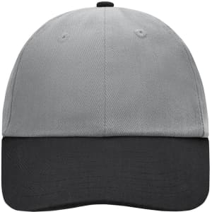 A grey and black six-panel cap featuring a curved brim and a logo on the front.