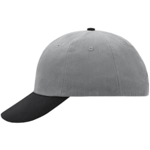 A grey 6 panel cap with a black peak, featuring a logo on the front.