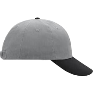 A grey and black six-panel cap featuring a solid design and an adjustable strap at the back.