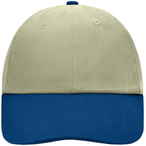A 6-panel cap featuring a khaki top and blue visor, with a logo on the front.