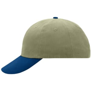 A 6 panel cap in olive green with a navy blue peak, featuring a logo on the side.