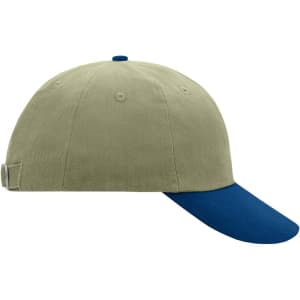 A 6-panel raver cap in khaki with a blue peak and an adjustable strap, featuring branding.