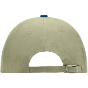 A green 6-panel cap with a blue button on top and an adjustable strap at the back, featuring a logo.