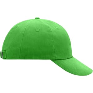 A bright green 6 panel cap featuring a curved visor and adjustable strap at the back. It has a logo on the side.