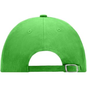 A bright green 6-panel cap featuring a curved brim and adjustable strap at the back. Includes a logo.
