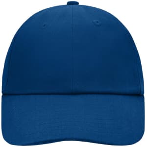 A blue 6-panel cap with a curved brim and an eyelet detail. It features a branding logo.