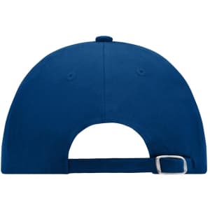A blue 6 panel raver cap with a rear opening and an adjustable strap. It includes a logo on the side.
