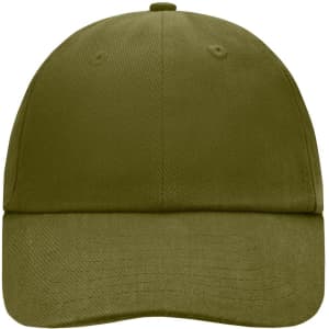 A khaki 6 Panel Raver Cap with a rounded crown and a curved brim. It has a logo on the front.