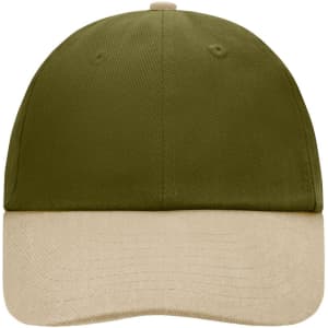A 6-panel cap featuring an olive green top and a cream-coloured brim, complete with a logo.
