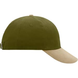 A green and beige 6 Panel Raver Cap with a curved brim and an adjustable strap at the back. Features a logo.
