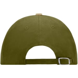 A 6-panel raver cap in olive green, featuring a curved brim and an adjustable strap at the back.