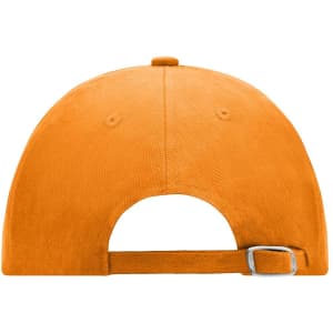 An orange 6 Panel Raver Cap with a flat brim and an adjustable strap at the back. It features a logo.