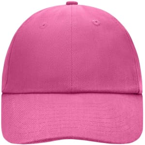 A pink 6 Panel Raver Cap featuring a curved brim and a logo on the front.