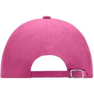 A pink 6 panel cap featuring a rear adjustment strap and a logo on the back.