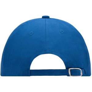 A blue 6 panel cap featuring a back strap and a logo, designed for casual wear.