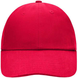 A red 6 panel cap featuring a curved brim and a logo on the front.
