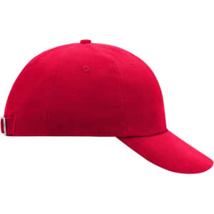 A red six-panel raver cap with an adjustable strap at the back and a rounded crown.