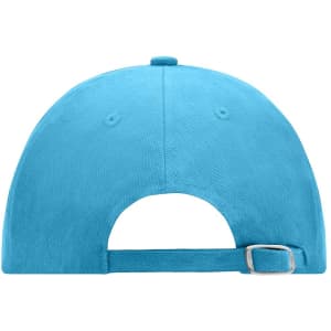 A turquoise 6 Panel Raver Cap featuring a rear adjustable strap and a logo on the side.