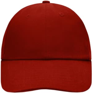 A red six-panel cap featuring a curved brim and ventilation eyelets, with a logo on the front.