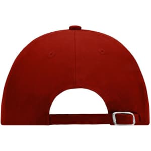 A red 6-panel raver cap featuring a buckle strap at the back and a logo.