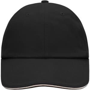 A black 6 Panel Raver Sandwich Cap with a rounded crown and a visor, featuring a logo on the front.