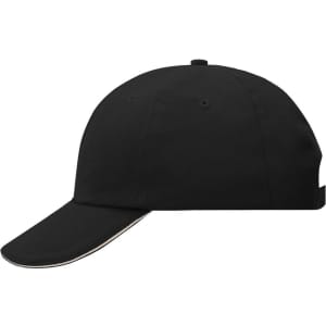 A black 6 Panel Raver Sandwich Cap featuring a contrasting trim and a logo on the side.