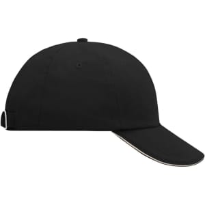 A black 6 Panel Raver Sandwich Cap with a contrasting peak and an adjustable strap at the back.