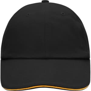 A black six-panel cap with a yellow underbrim, featuring a logo on the front.