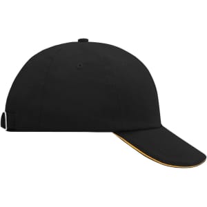 A black 6 panel cap with an orange under-brim and an adjustable strap, featuring a branding logo.