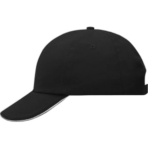 A black 6 panel cap featuring a curved brim and a logo.