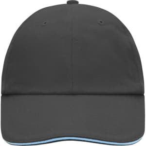 A black six-panel cap with a curved brim and a contrasting under-brim. It features a logo on the front.