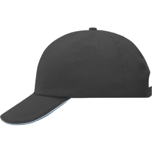 A black 6 Panel Raver Sandwich Cap with a contrasting blue trim and a logo on the side.