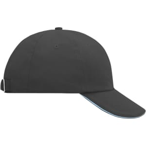 A black six-panel cap featuring a curved peak and a strap at the back, with a light blue underside.