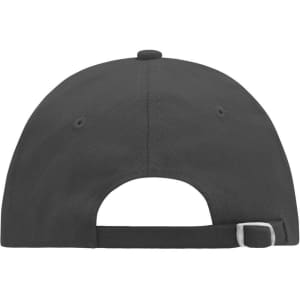 A black 6 Panel Raver Sandwich Cap with an adjustable strap and a button on top. Features a logo on the back.