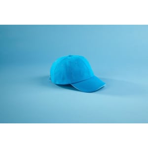 A blue six-panel cap with a curved brim, featuring an embroidered branding logo.