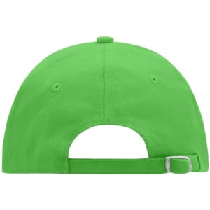 A vibrant green 6-panel cap featuring an adjustable strap at the back and a logo detail.