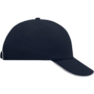 A navy blue 6 panel cap with a curved brim and an adjustable strap at the back, featuring a logo.
