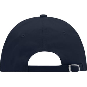 A navy blue 6 Panel Raver Sandwich Cap with a curved brim and adjustable strap at the back. It features a logo.