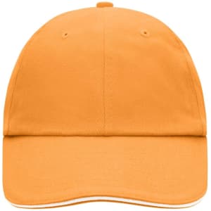 An orange 6 Panel Raver Sandwich Cap featuring a curved brim and a logo on the front.