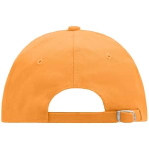 An orange six-panel cap with an adjustable strap at the back and a logo on the side.
