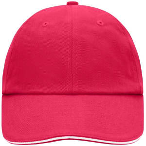 A bright pink six-panel cap with a curved brim and a logo on the front. Ideal for headwear promotions.