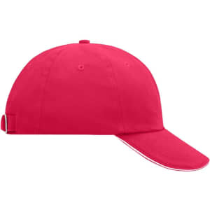 A pink 6-panel cap with a curved brim and an adjustable strap at the back, featuring a logo.